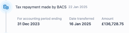 Tax repayment details from BACS transfer on January 22, 2025, for the period ending December 31, 2023, transferred on January 16, 2025, amounting to £136,728.75.