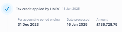 Tax credit statement from HMRC showing account ending date December 31, 2023, processed on January 16, 2025, with an amount of £136,728.75.