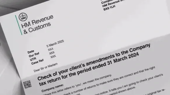 HM Revenue & Customs letter dated March 5, 2025, regarding client's tax return amendments for the period ending March 31, 2024.