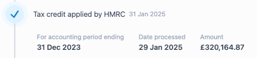 Tax credit statement from HMRC showing applied tax credit, accounting period ending December 31, 2023, processed on January 29, 2025, amounting to £320,164.87.