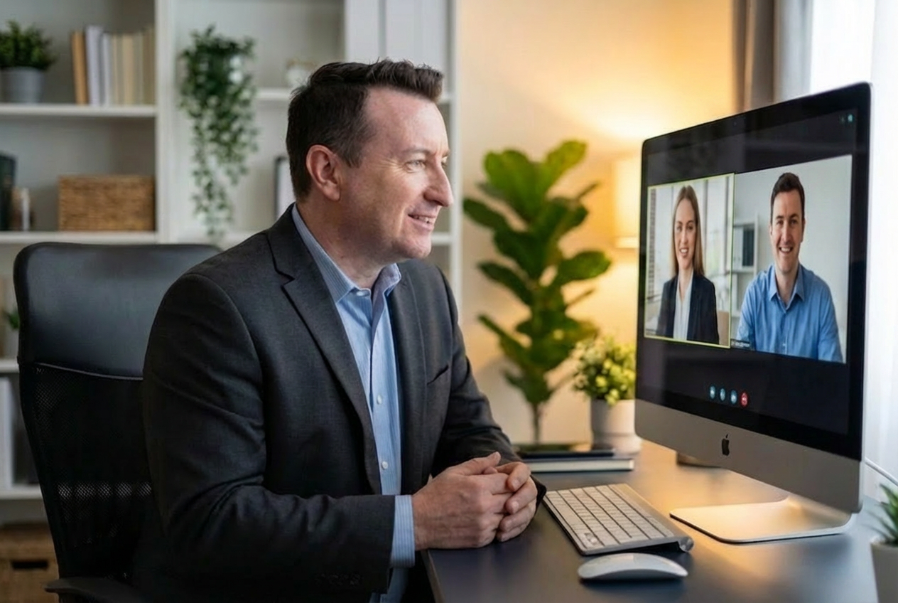 Man in a business suit participating in a video call on a computer in a home office.