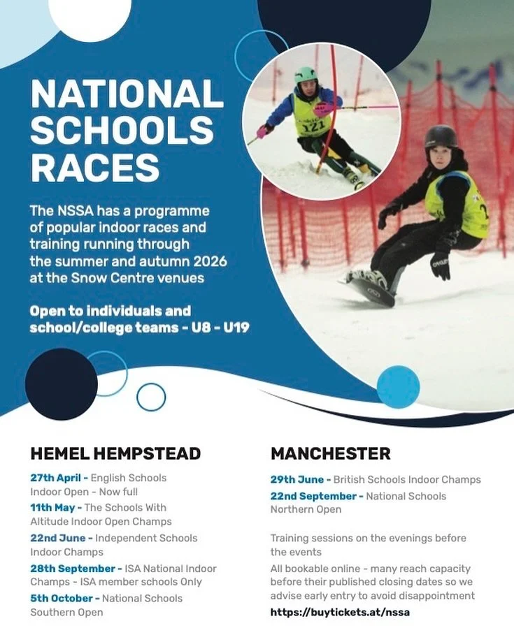 National Schools Races 🏆

Coming up:
The Independent Schools Indoor Open Champs at The Snow Centre, Hemel on the 22nd June

The British Schools Indoor Open Champs at The Snow Centre, Manchester on the 29th of June

Races open to all age groups U08 -