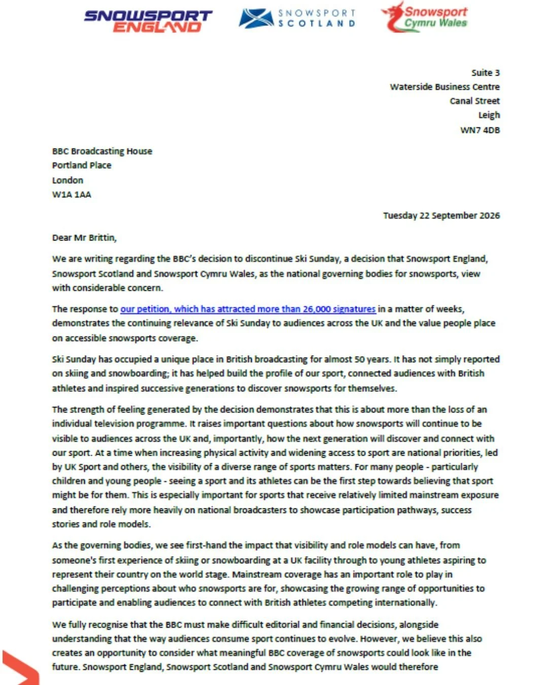 Following our Ski Sunday petition, we&rsquo;ve sent an open letter to the @bbc . ⛷️

Thank you to everyone who signed and supported the campaign. Your voices matter, and we&rsquo;re continuing to call for snowsports to have the coverage and recogniti