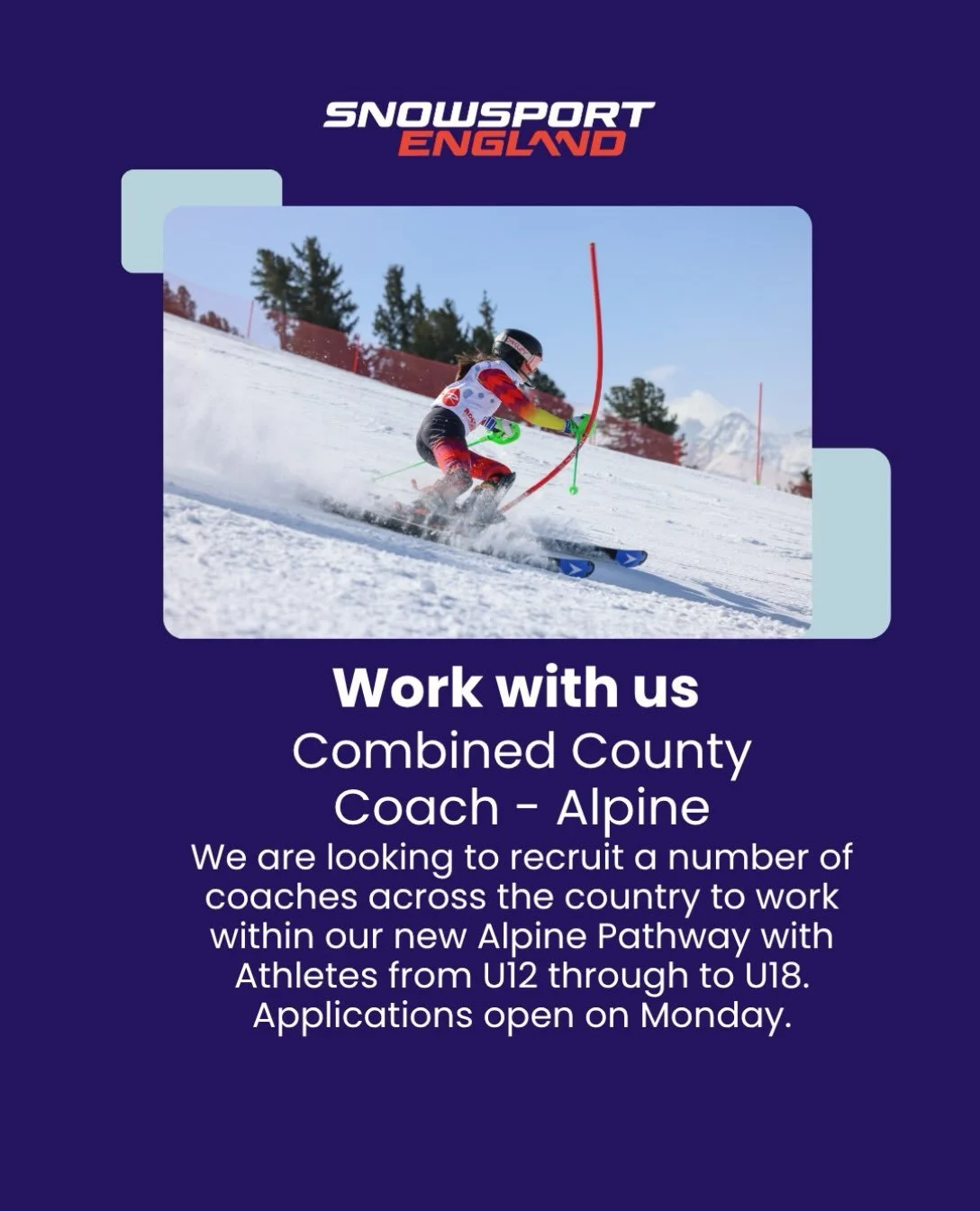 We are recruiting for Alpine Coaches! As part of our Alpine Pathway, we are looking for brilliant alpine coaches to work within the pathway with ages groups from U12 - U18 across England. More information and applications can be found on our website 