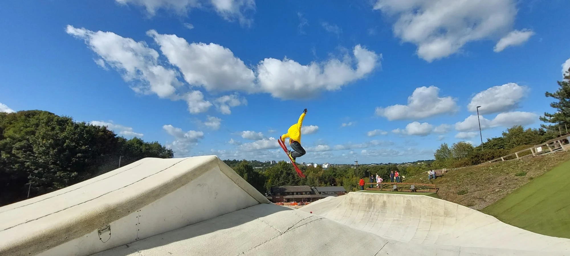 A skier does a trick off a jump at Norfolk Snowsports Centre, a dry slope in Norwich