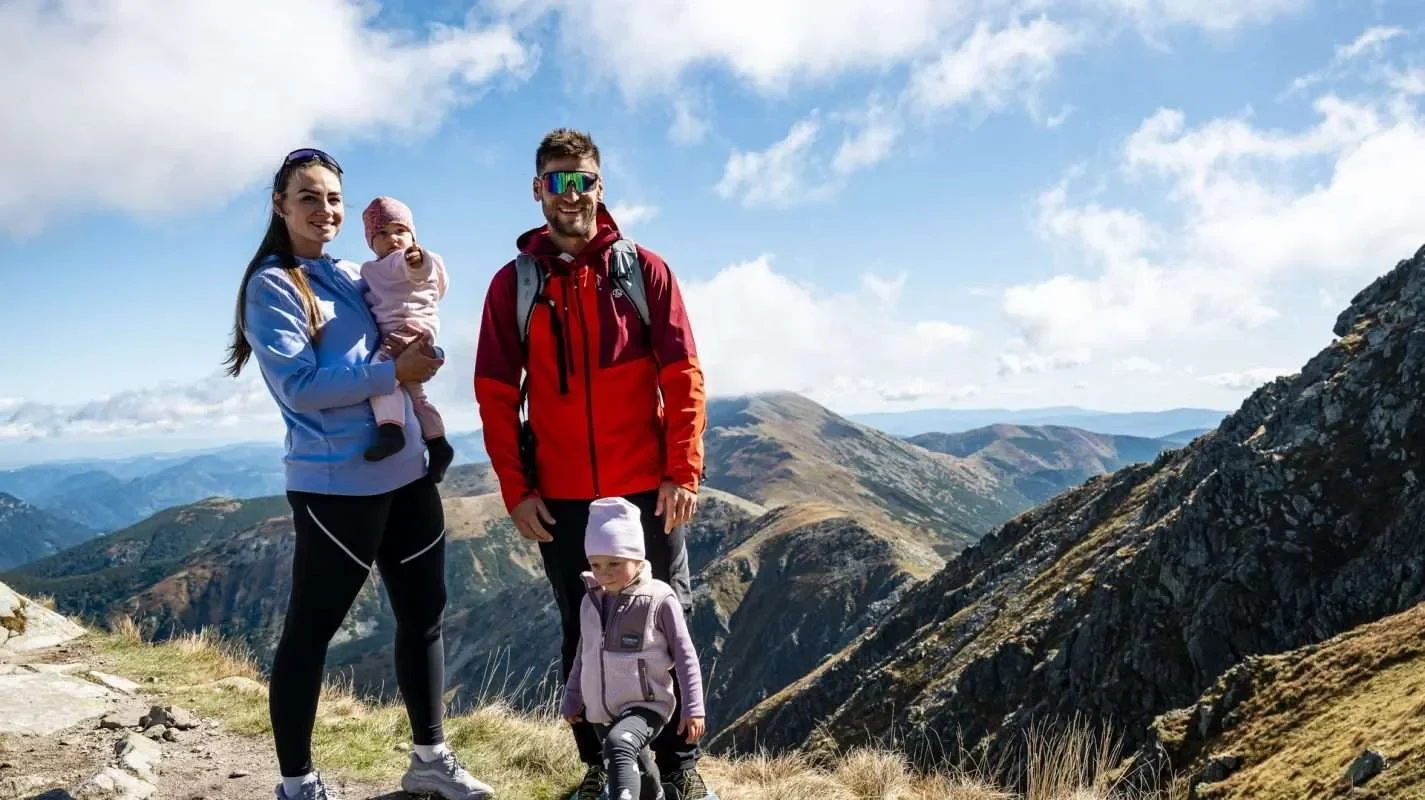 Family with mountains
