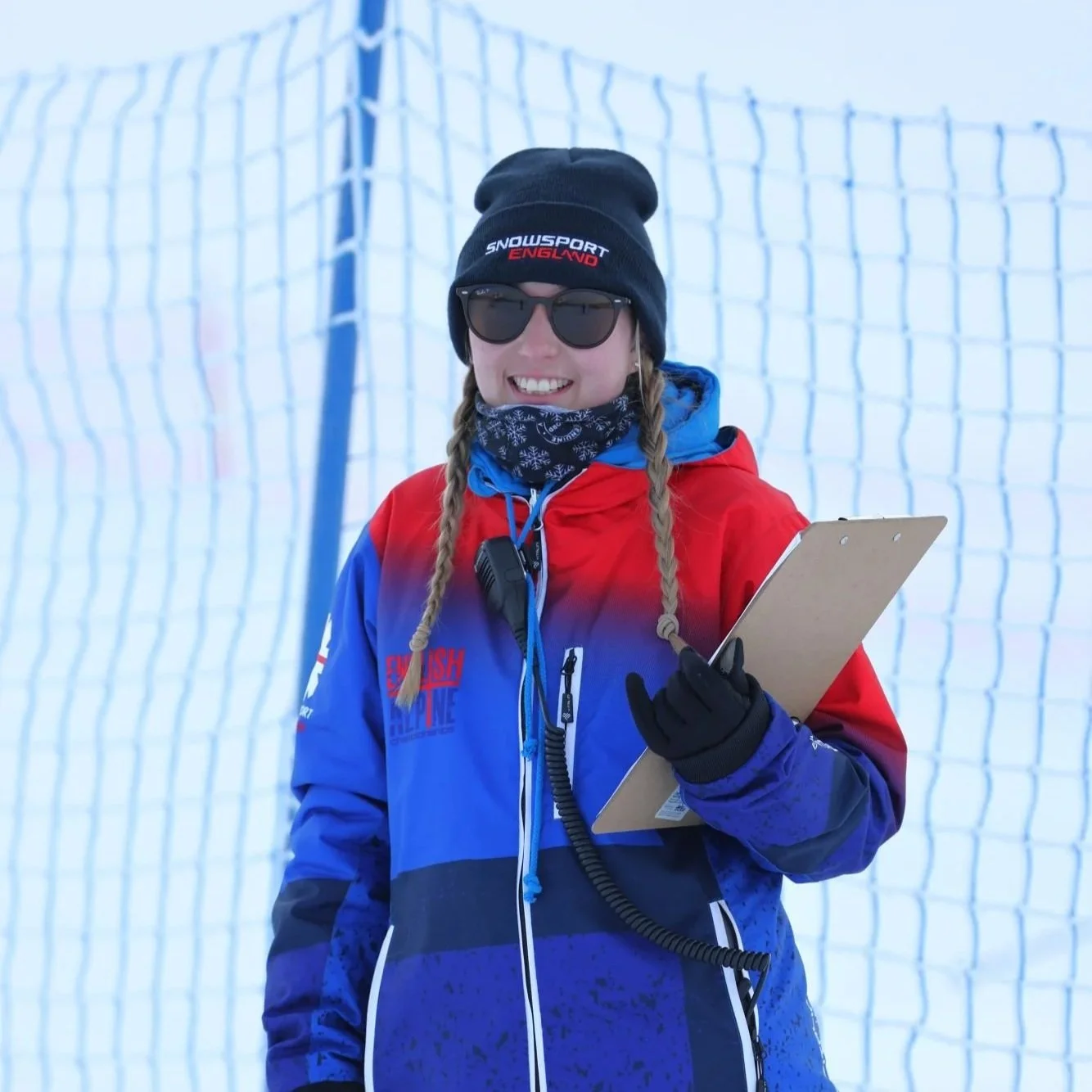 A female volunteer with a clipboard at the English Alpine Championships