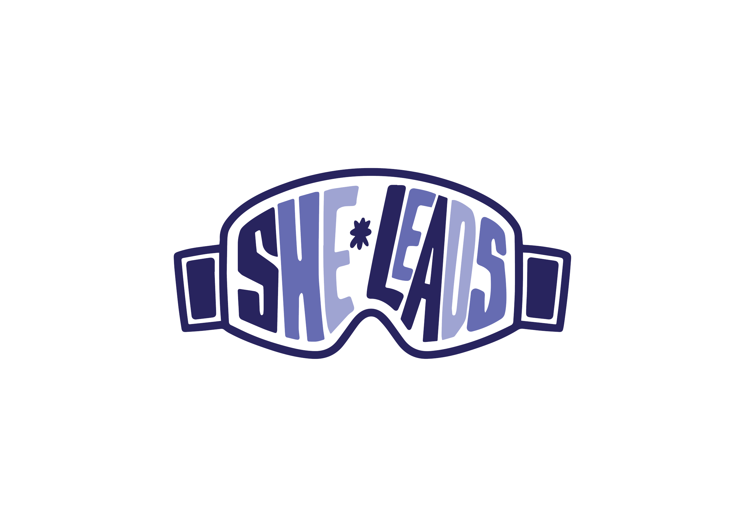 A pair of snowsports goggles with the words SheLeads written in them