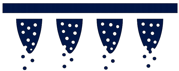 A string of four dark blue microneedles dissolving