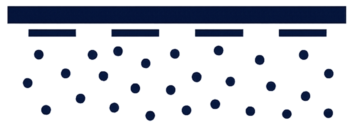 A string of four dark blue microneedles dispersing