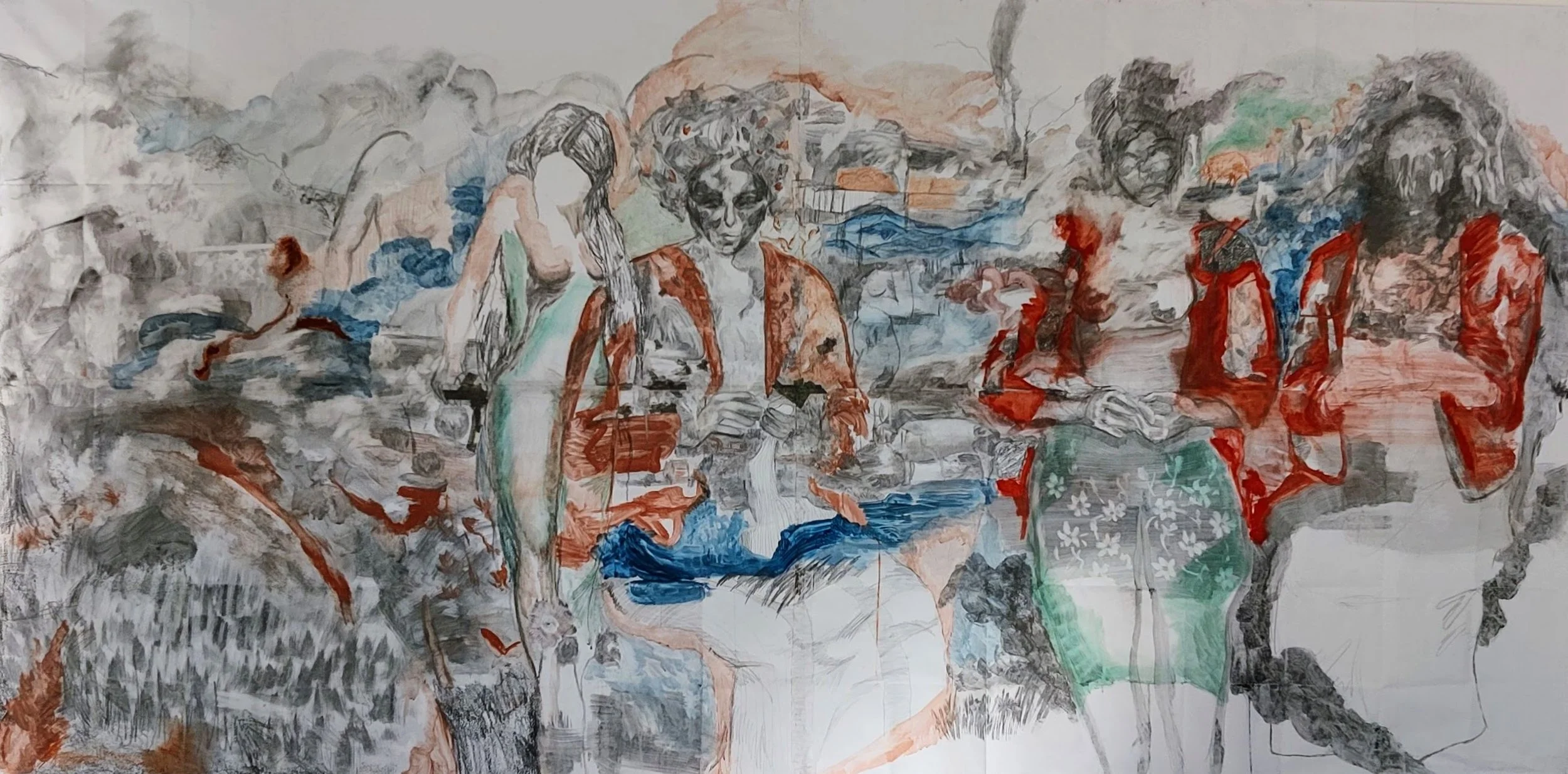 The Fates (2024-2025) / graphite, sanguine, watercolor inks, oil pastels on blue-backed poster paper 3,5m x 2m