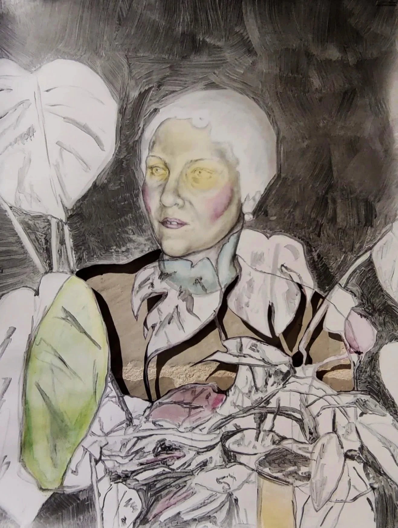 Anna à jour ( 2026) //

Graphite, watercolor inks, highlighters on Clairefontaine fresque paper

//Cutouts to expose the tuffeau wall ( stone from the region)

60 x 80 cm