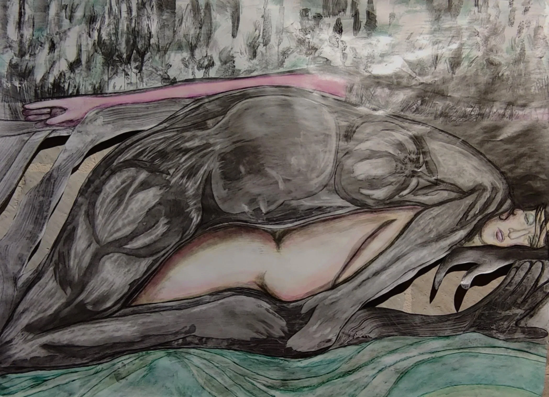 He is the water, she is the land (2026) //

Graphite, watercolor inks, highlighters on Clairefontaine fresque paper
//Cutouts to expose the tuffeau wall ( stone from the region)

100 x 128 cm