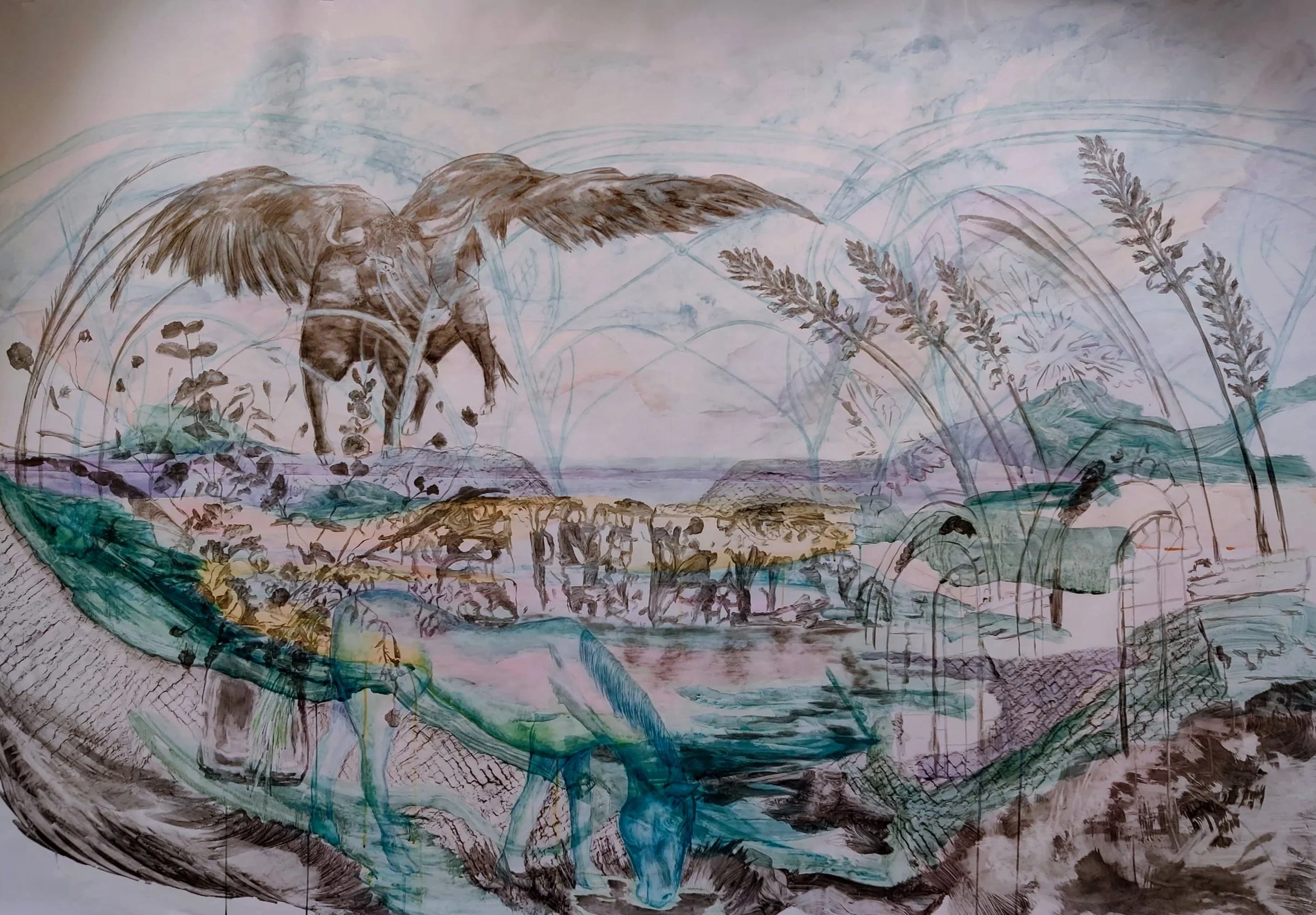 Iliovasilema des sept bourgs (2026) //

Graphite, watercolor inks, Clairefontaine fresque paper

2,8m x 2m