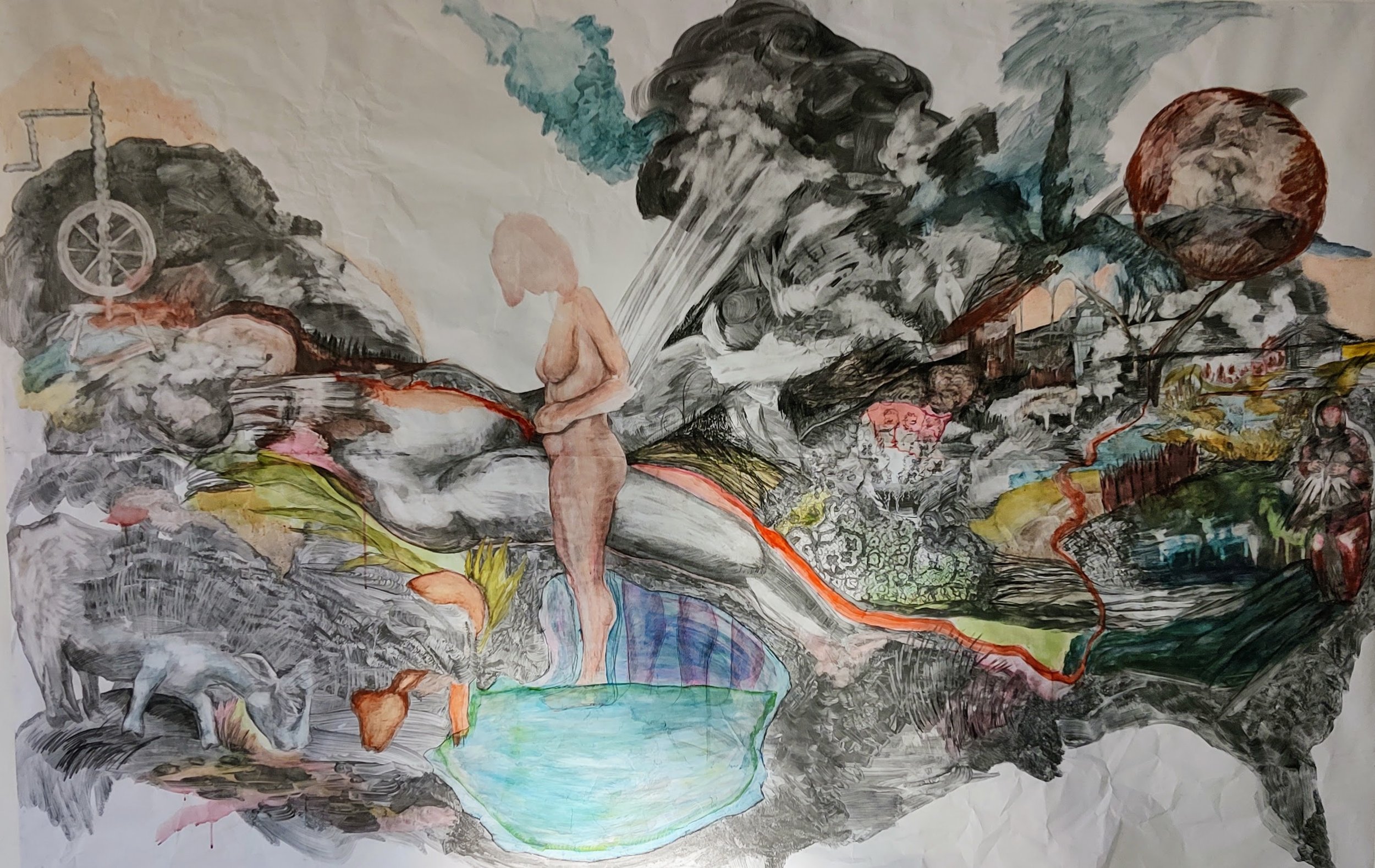 Birth (2024) / graphite, watercolors, oil pastels on blue-backed poster paper 
3m x 2m