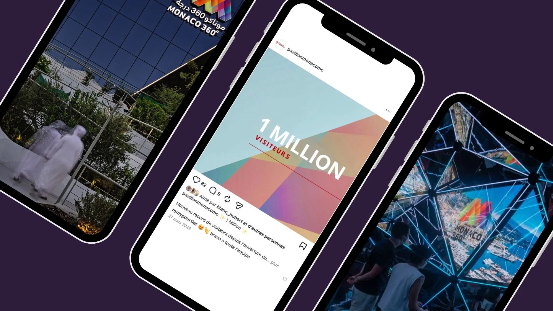 Trois téléphones affichant des images et une publication Instagram de l'Expo Monaco 360° avec le texte "1 million de visiteurs"