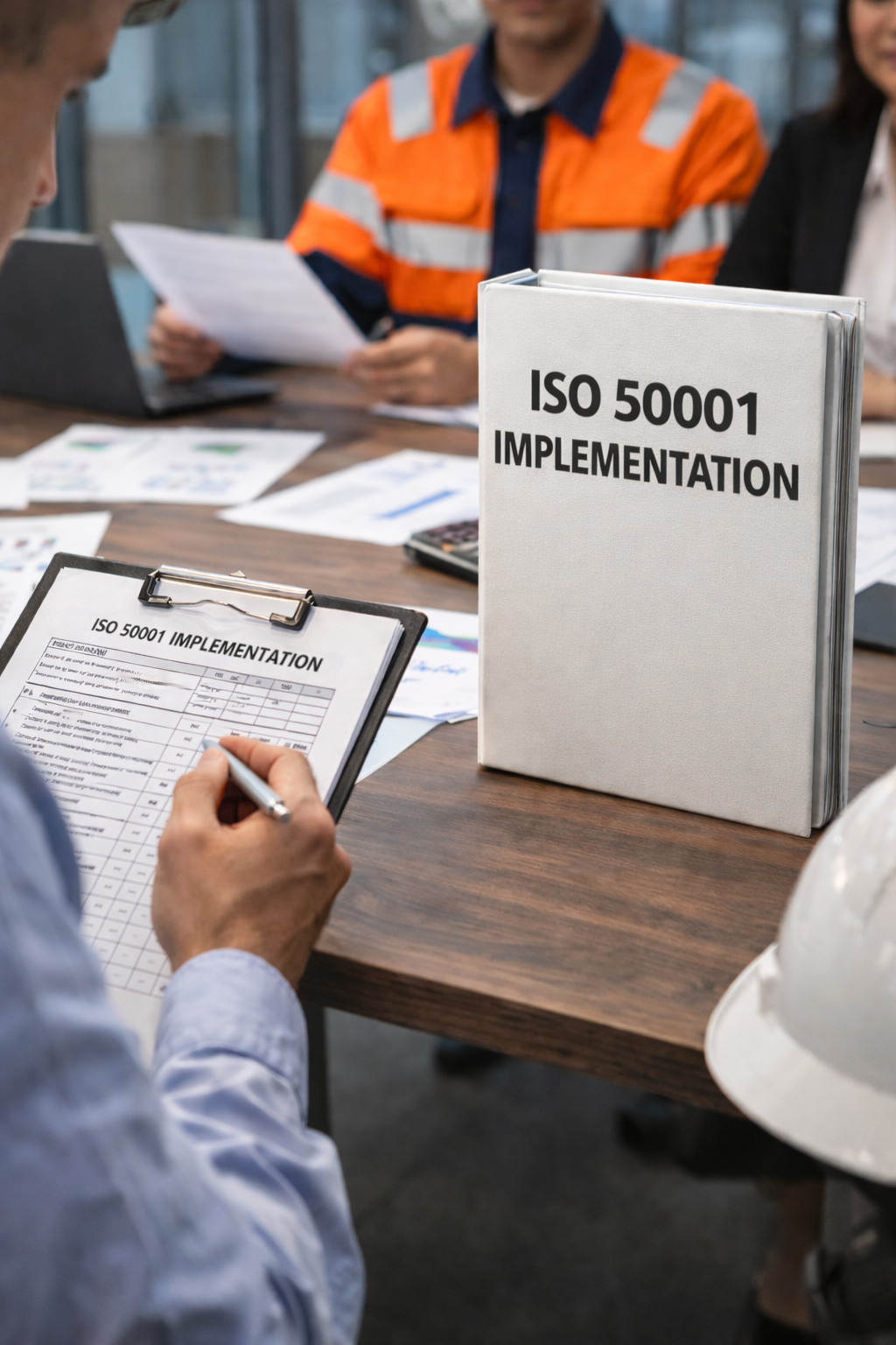 Group of people sitting at a table with documents and binders, focusing on ISO 50001 implementation, a binder with 'ISO 50001 IMPLEMENTATION' on it, and a clipboard with a compliance checklist.