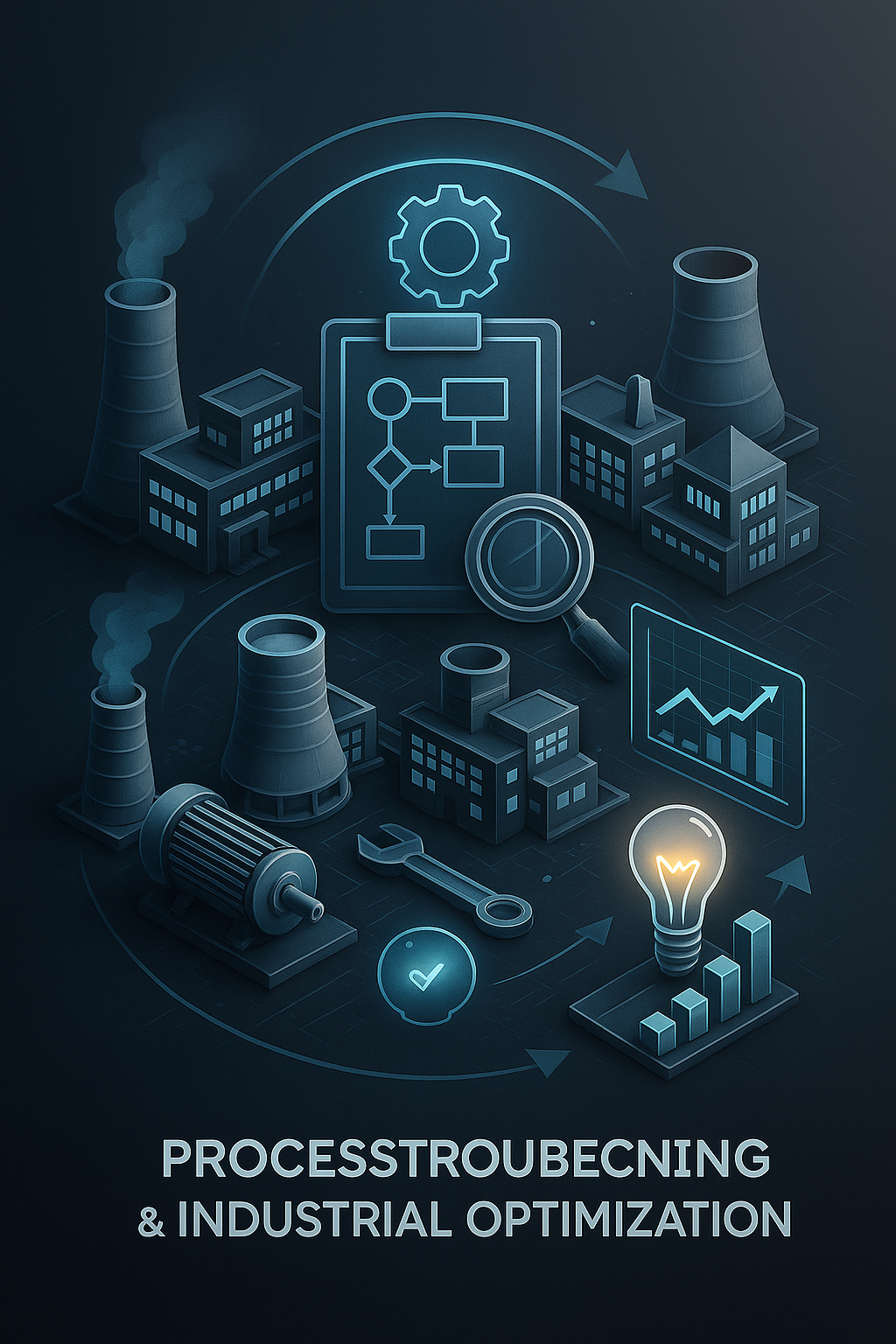 Futuristic illustration of industrial plant with cooling towers, factory buildings, and energy icons, showcasing process troubleshooting and industrial optimization concepts.