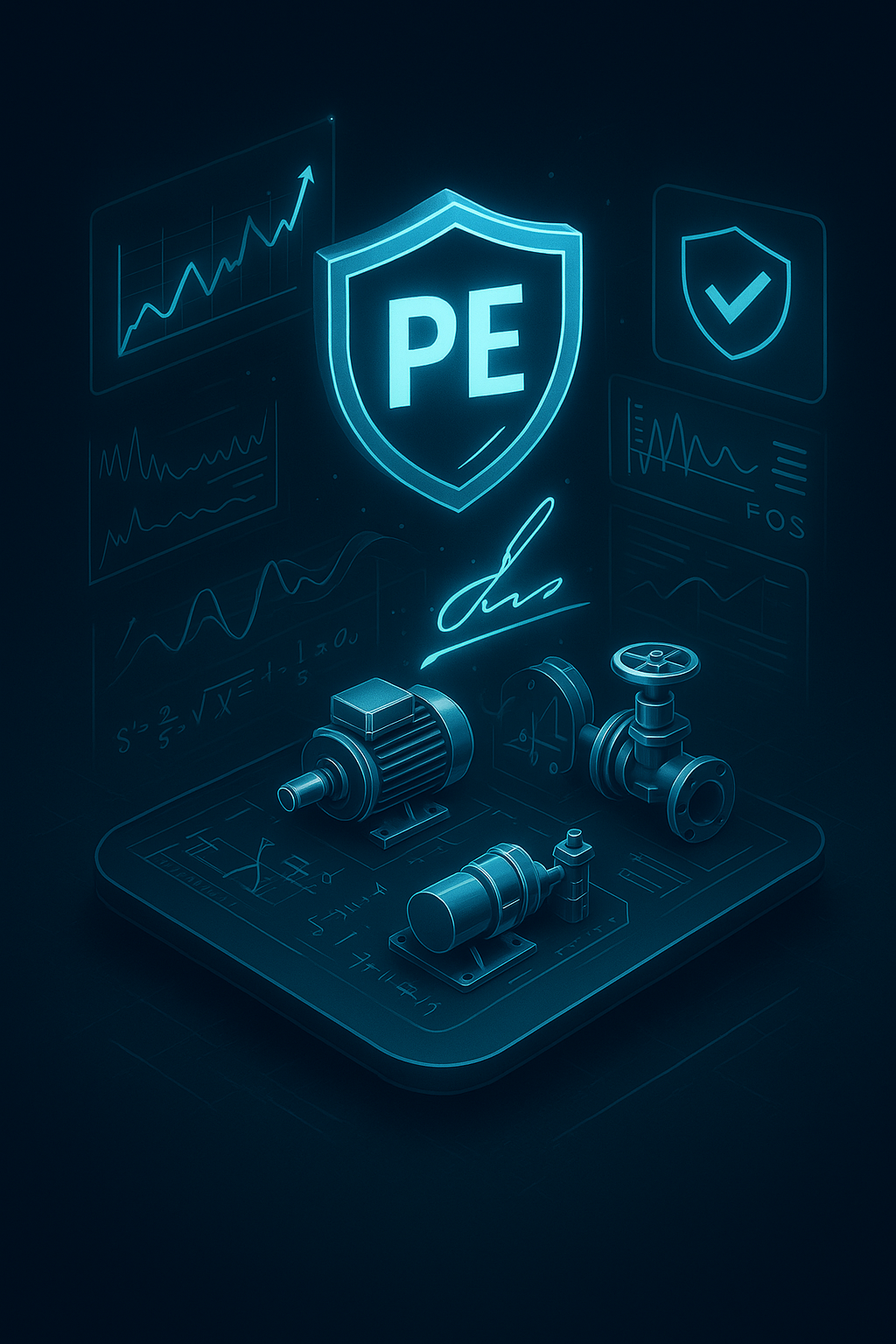 Digital illustration of scientific and technological elements, including a shield with 'PE' in the center, a signature, laboratory equipment, and graphical data displays.