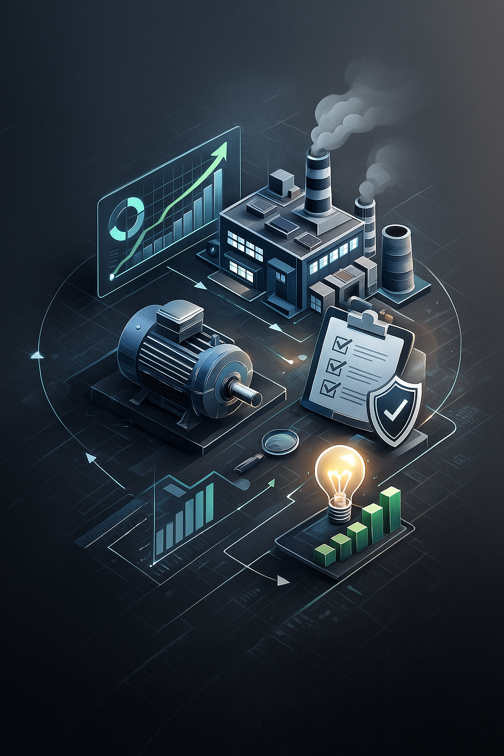 A digital illustration of an industrial factory with smokestacks, connected to various charts, graphs, a motor, a magnifying glass, a shield with a checkmark, a light bulb, and a checklist, representing industrial process, analysis, and innovation.