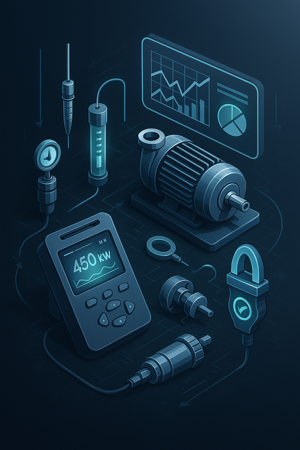 Illustration of a machine setup with a motor, digital display showing 450 kW, various sensors, and a graph monitor displaying data trends.