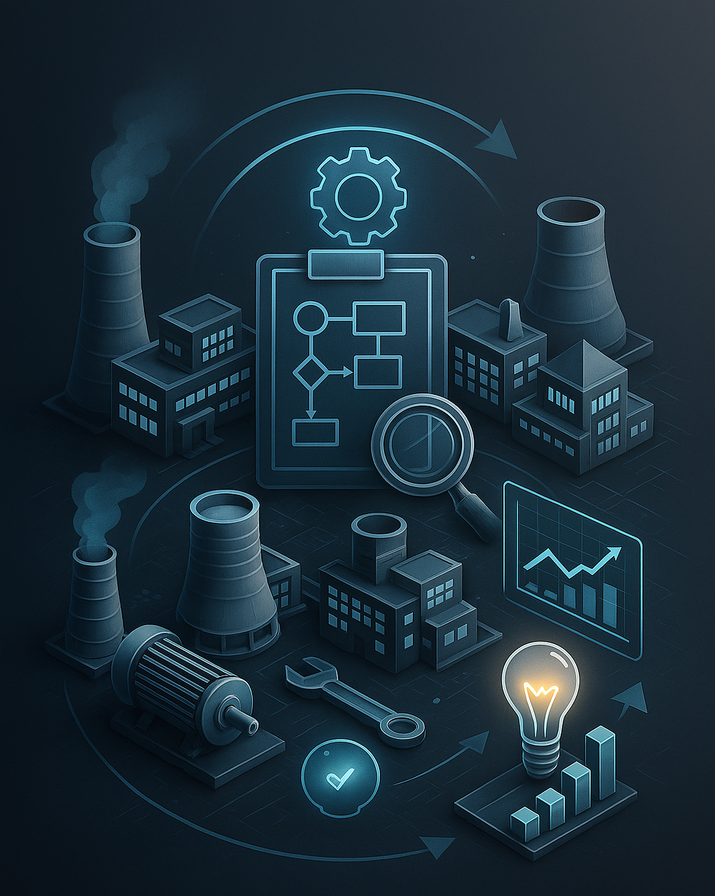 Digital illustration of industry automation, including factories, cooling towers, a flowchart, a magnifying glass, and growth charts.