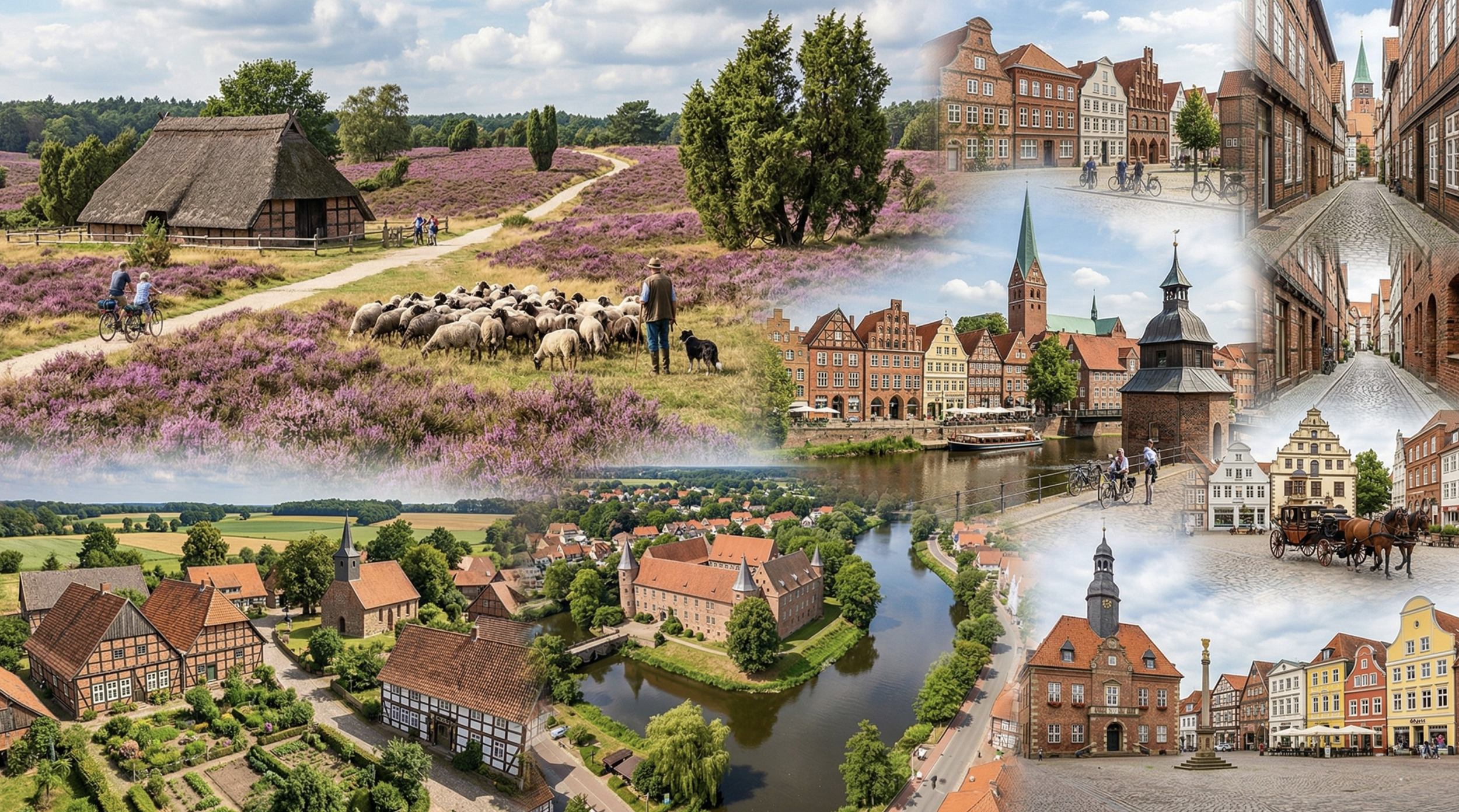 Collage aus ländlicher und städtischer Szenerie in Deutschland, darunter eine Heidelandschaft mit Schafen, ein historisches Stadtzentrum mit Fachwerkhäusern, eine Burganlage, ein Kanal mit Booten, und eine Altstadt mit bunten Gebäuden und Kirchtürmen.