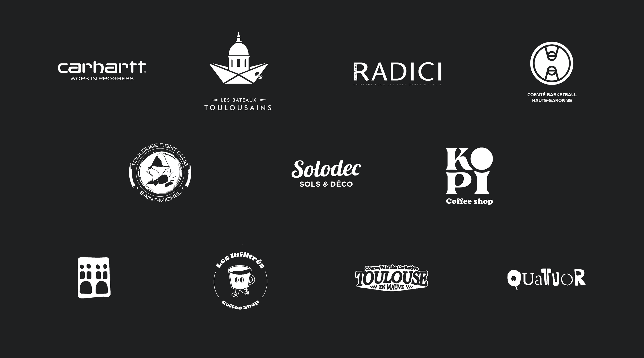 Collection de logos de diverses marques et organisations en noir et blanc, notamment Carhartt, Les Bateaux Toulousains, Radici, Comité Basketball Haute-Garonne, Toulouse Fight Club, Solodec, KOPI Coffee Shop, et d'autres.