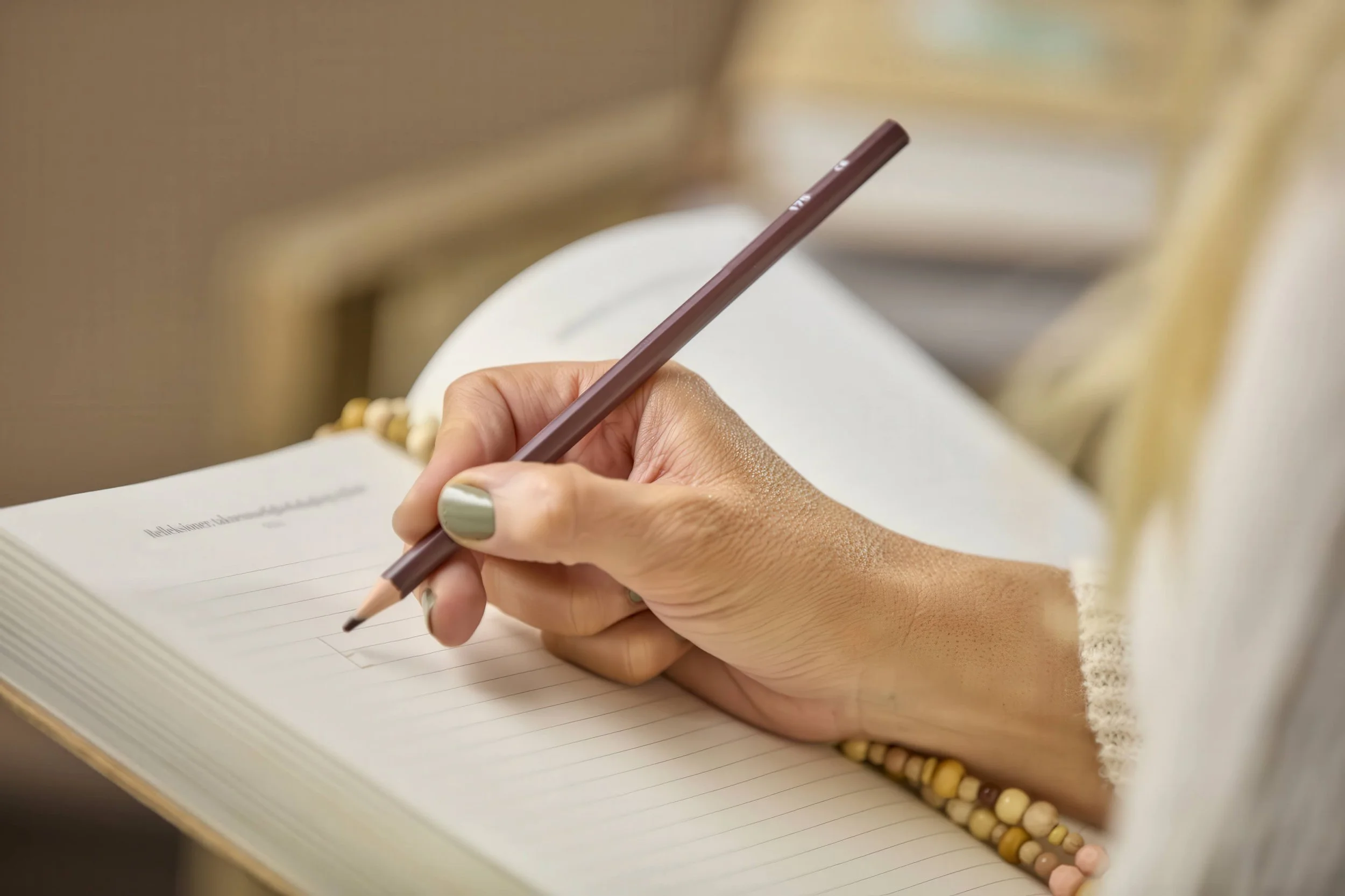 En hånd med grøn manikyr skriver i en notesbog med lineære sider, mens man bærer en beige/beige armbånd.