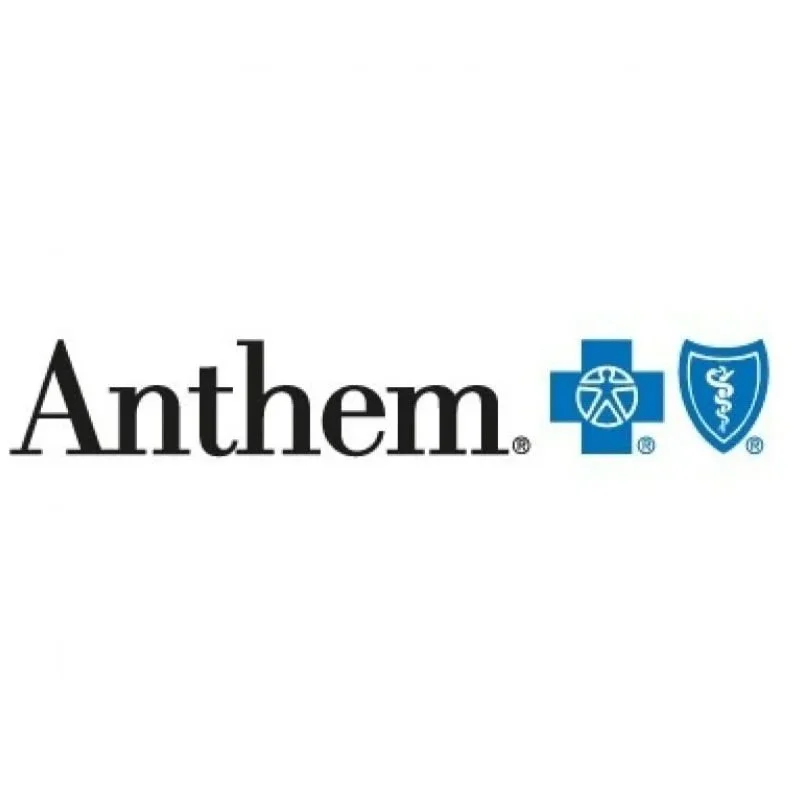 The Anthem logo featuring the word 'Anthem' in black text, a blue cross, a white circle with a blue outline and a medical symbol inside, and a blue shield with a medical caduceus symbol.