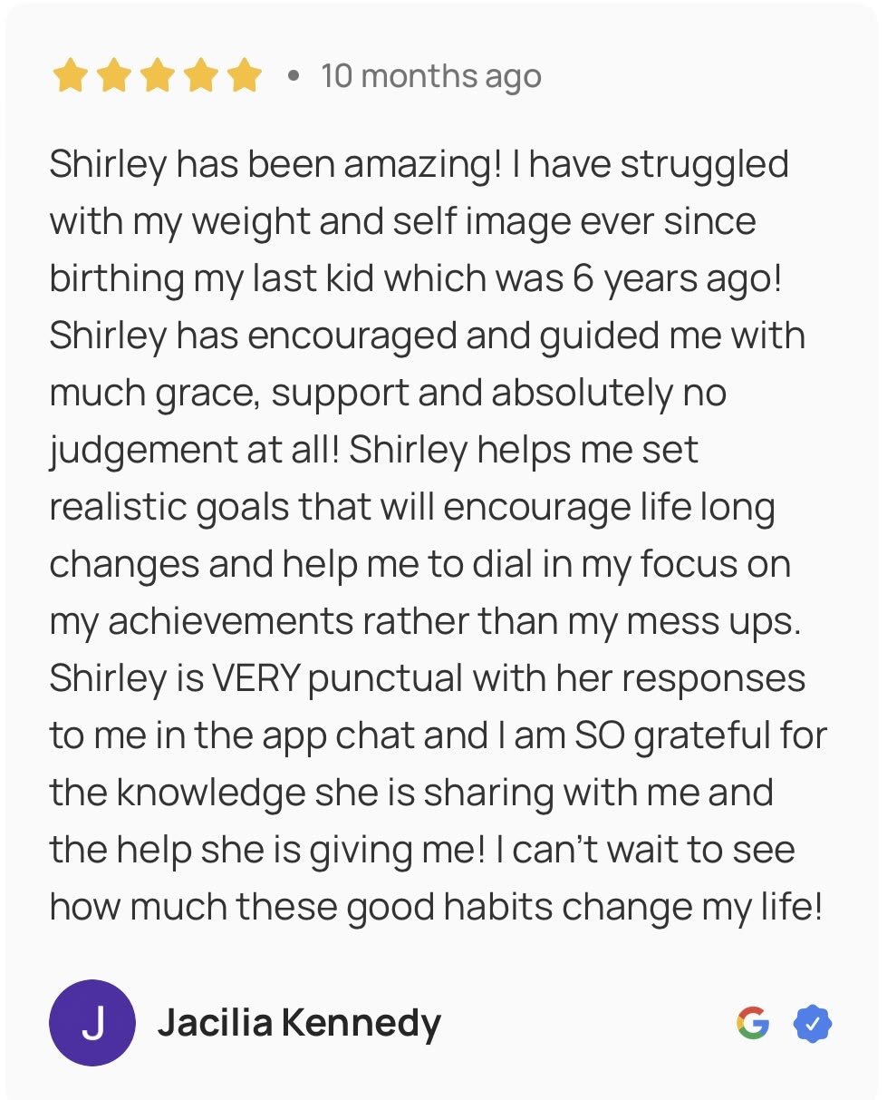 Online review from Jacilia Kennedy praising Shirley for her support and guidance in weight loss and self-image improvement.