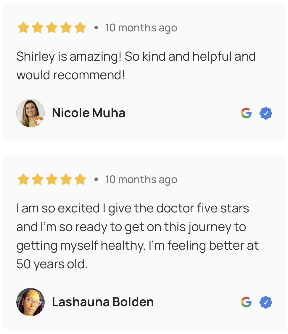 Customer reviews for a healthcare or wellness service, showing two five-star ratings from Nicole Muha and Lashauna Bolden with their comments about their positive experiences.