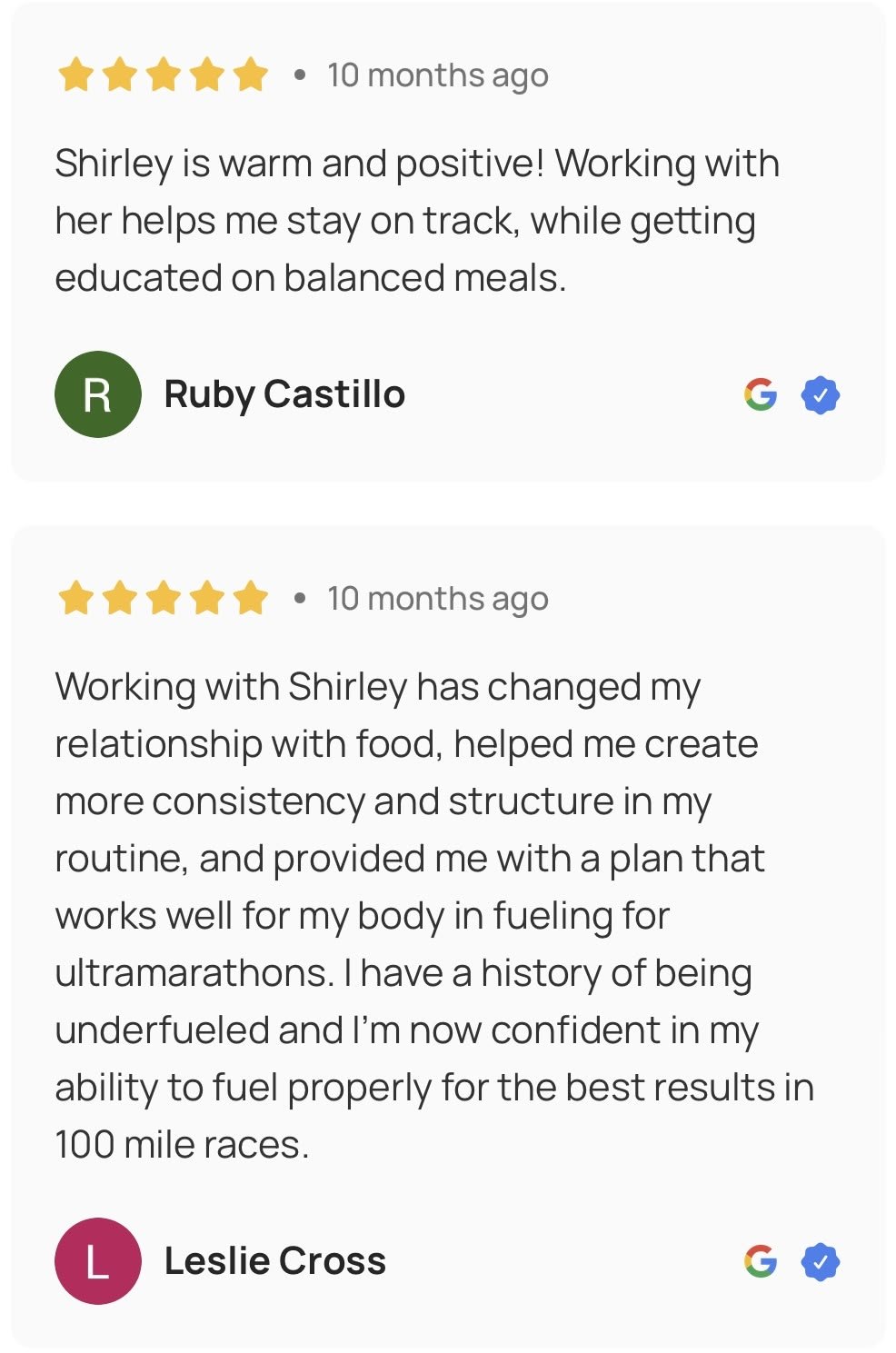 Customer reviews for Shirley, praising her for improving their relationship with food and supporting their training goals, with five-star ratings and verified Google badges.