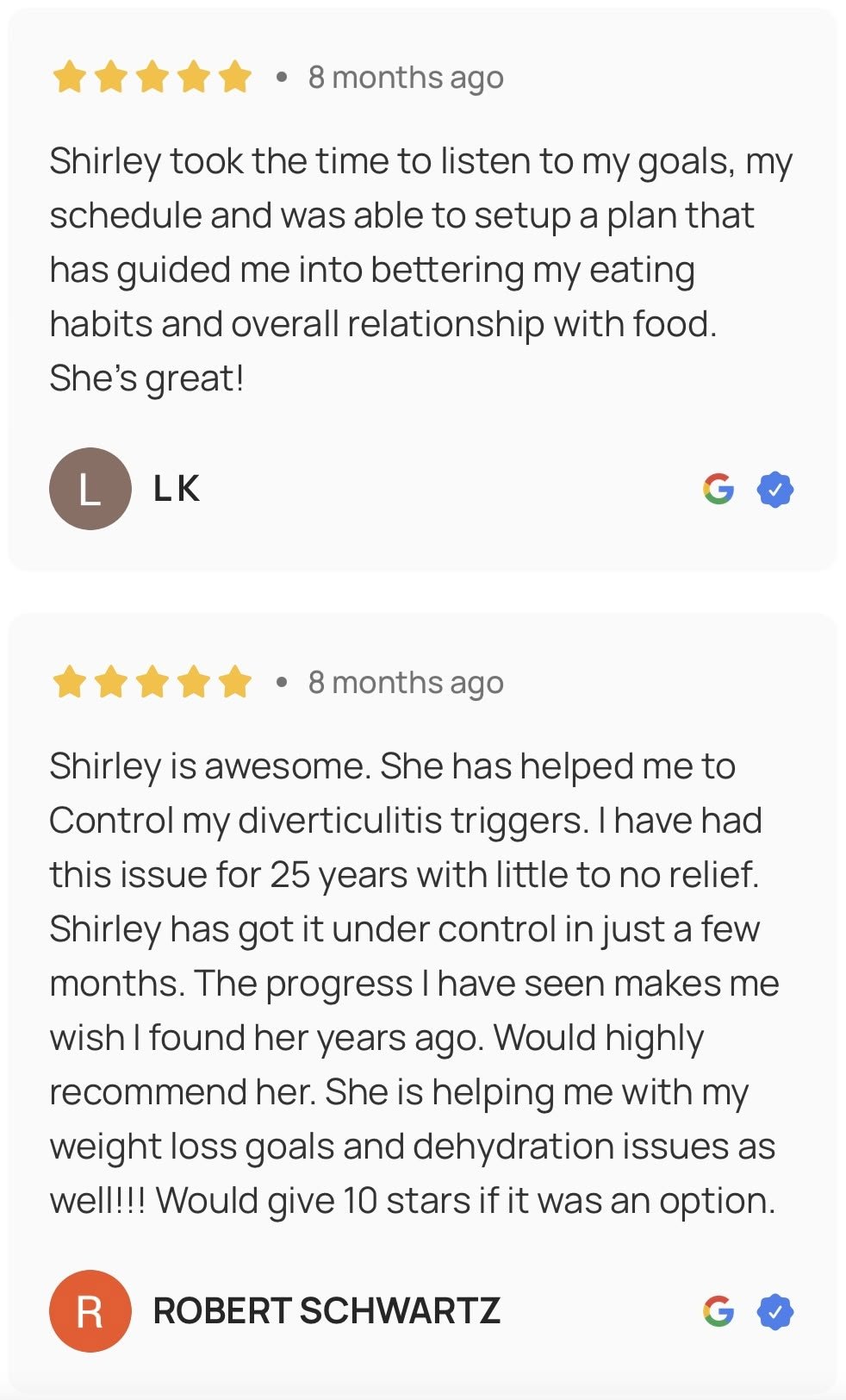 Online reviews about a person named Shirley, with five-star ratings, praising her for helping improve eating habits, managing diverticulitis triggers, and aiding weight loss and hydration issues. The reviews are from users LK and Robert Schwartz.