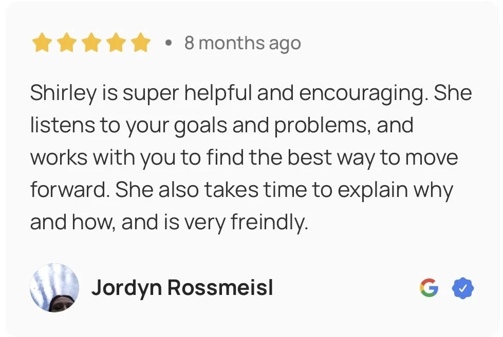 Screenshot of a Google review praising Shirley for being helpful, encouraging, and friendly, with five stars and a verified badge.