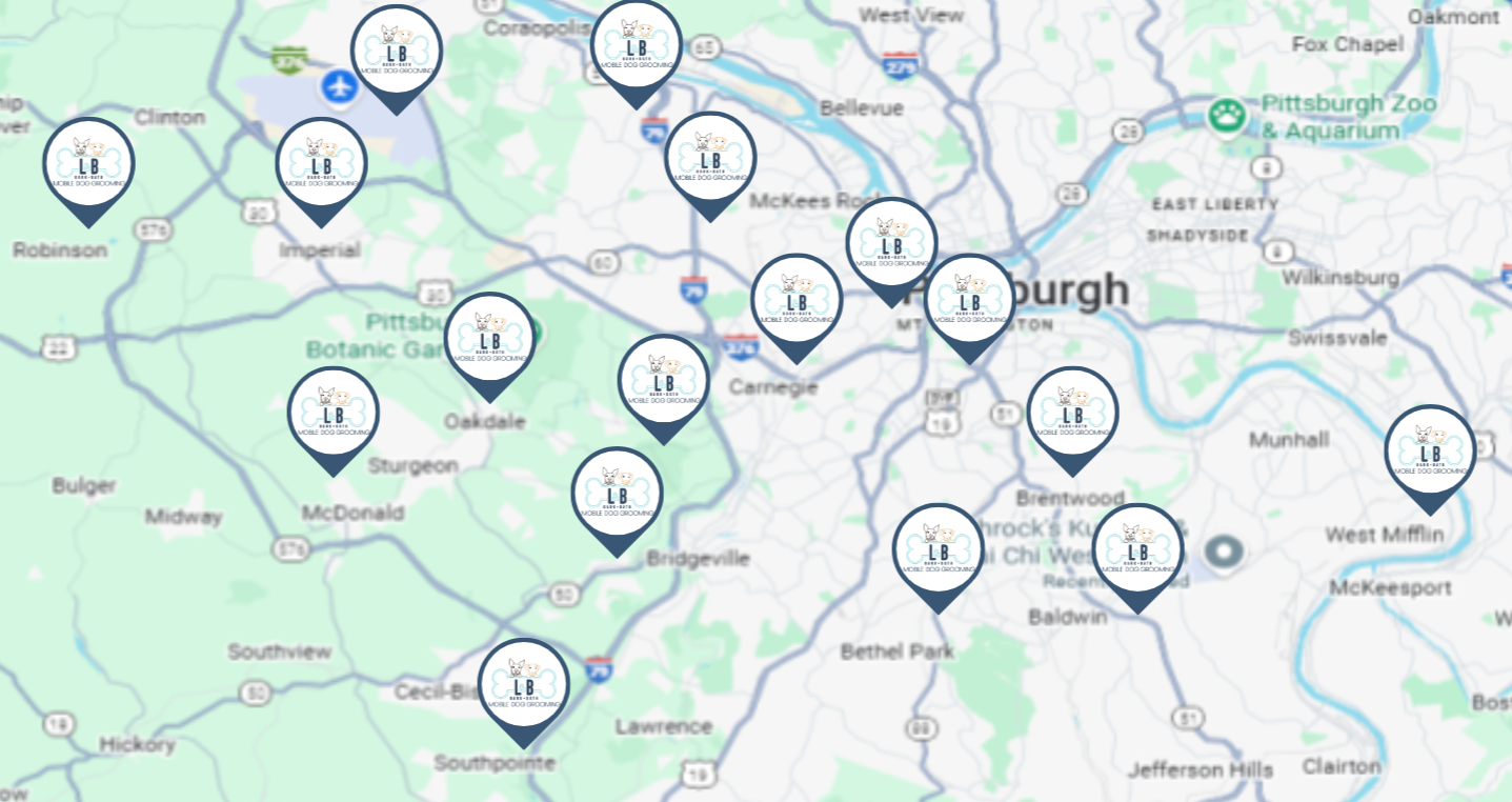 Map of Pittsburgh with multiple pins marked for Mobile Dog Grooming locations, each with a logo of a dog and the text 'LB3 Mobile Dog Grooming'.