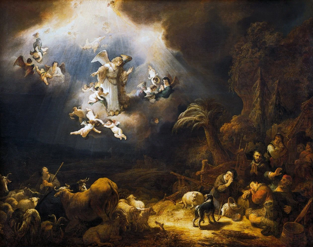 Una pintura clásica que representa la escena del nacimiento de Jesús, con ángeles en el cielo y pastores en el suelo adorando a un bebé, en un paisaje nocturno con árboles y colinas.