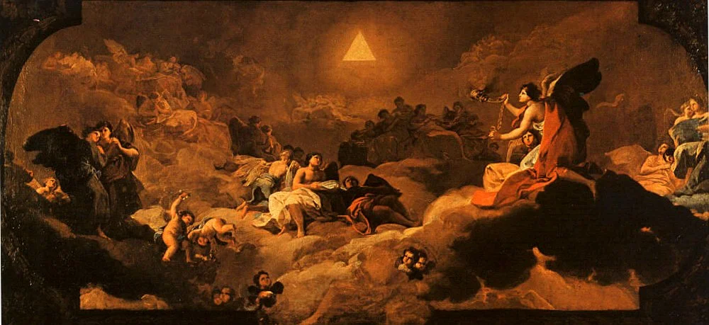 Escena religiosa en los cielos con ángeles, figuras humanas, y un triángulo luminoso en la parte superior central.