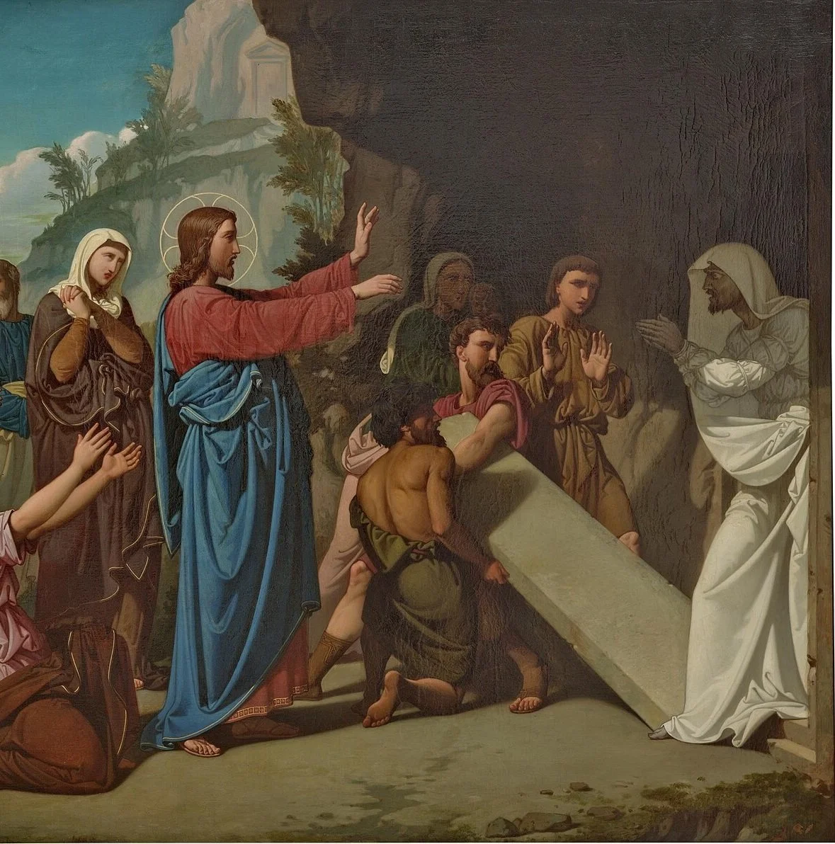Reproducción artística de Jesús ayudando a levantar la causa de un hombre con una pieza de piedra grande, rodeado por varias personas y un paisaje en el fondo.