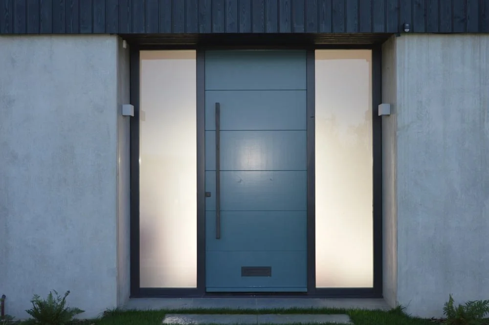 Modern front door with a large vertical handle, frosted glass panels on either side, set in a concrete wall with minimal landscaping.