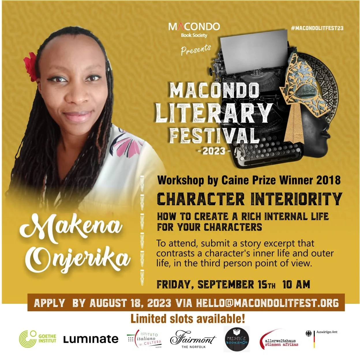 A promotional poster for the Macondo Literary Festival 2023 featuring a portrait of Makena Onjerika on a yellow background. The poster includes details about a workshop on character interiority, scheduled for September 15th at 10 am, with application instructions and sponsor logos at the bottom.