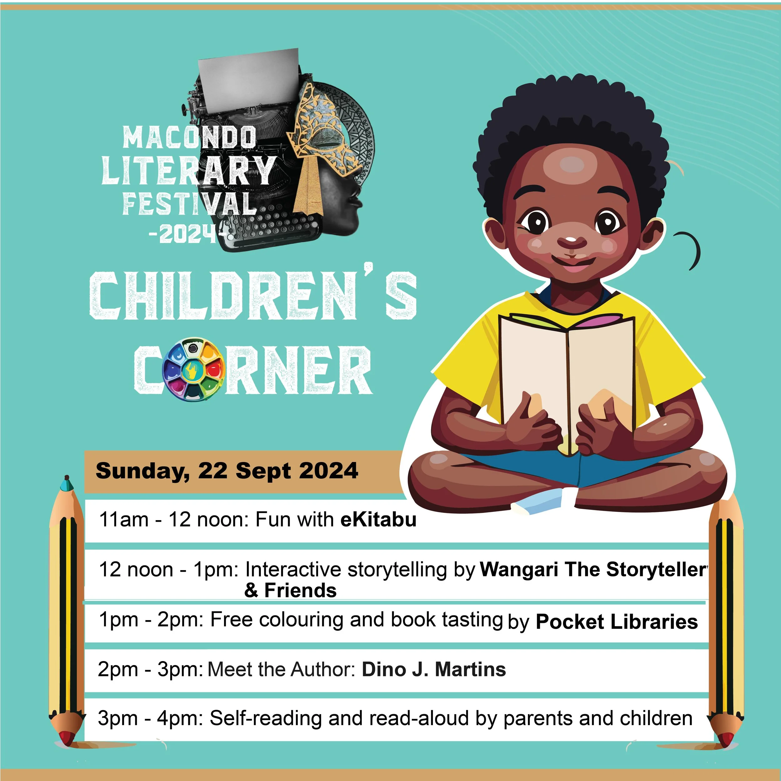 A promotional poster for the Macondo Literary Festival 2024's Children's Corner, scheduled for Sunday, September 22, 2024. It features a smiling young boy with dark curly hair, sitting cross-legged and reading a book, with a blue background. The event includes activities like fun with eKitabu, storytelling by Wangari The Storyteller and friends, coloring and book tasting by Pocket Libraries, a meet-and-greet with author Dino J. Martins, and self-reading and read-aloud sessions for parents and children.