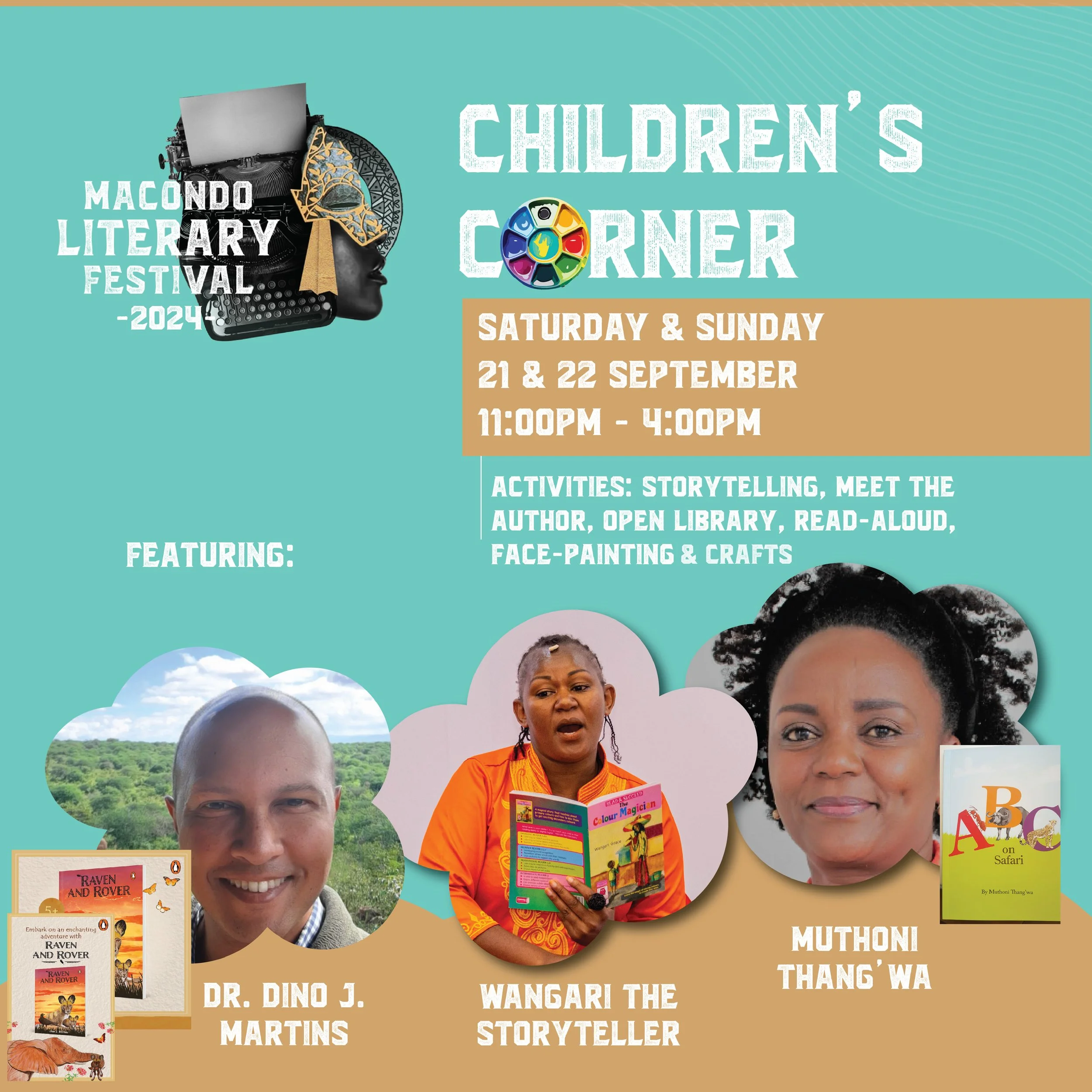 Flyer for the Monondo Literary Festival 2024 Children's Corner event taking place on September 21-22 from 11:00 AM to 4:00 PM. Features storytelling, meeting the author, open library, read-aloud, face-painting, and crafts. Includes photos of Dr. Dino J. Martins, Wangari the Storyteller, and Muthoni Thang'wa, with images of their books.