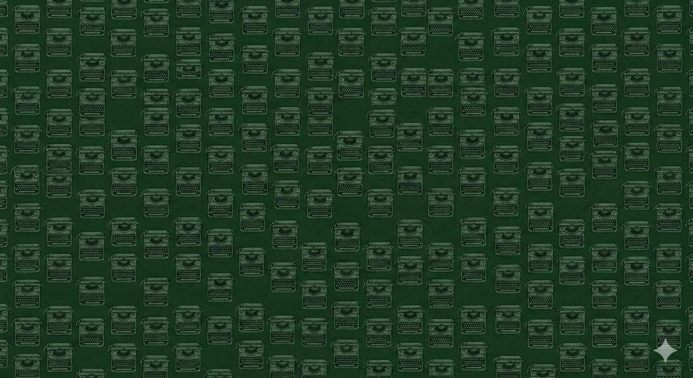 Dark green background with small, repeated icons of vintage typewriters in a grid pattern.