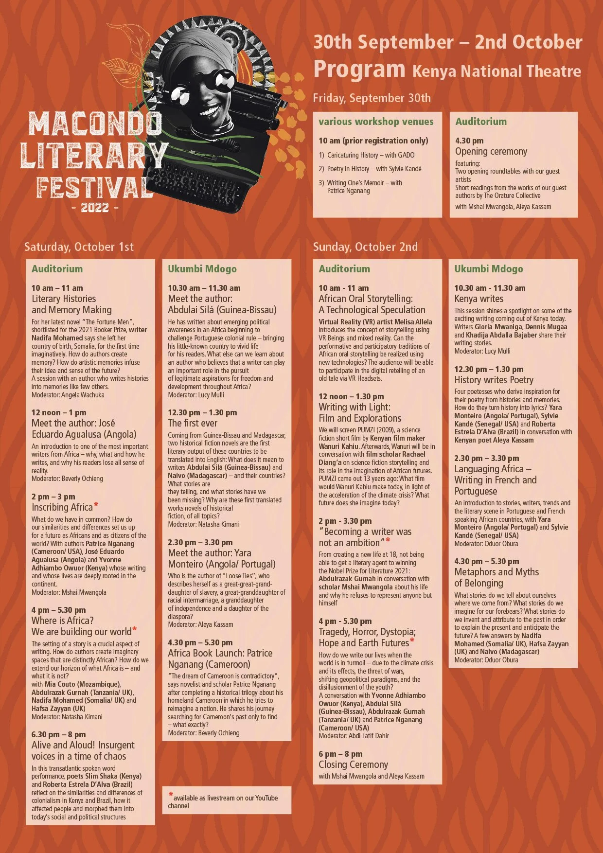 Event schedule for the Macondo Literary Festival 2022, including dates, times, locations, and descriptions of various literary and storytelling workshops, panels, and ceremonies occurring on September 30th, October 1st, and October 2nd at the Kenya National Theatre, with images of a smiling woman wearing headphones in front of a typewriter.