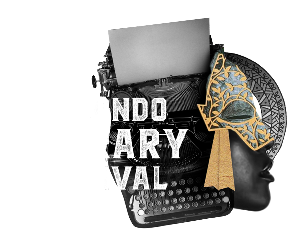 A collage combining a vintage typewriter, a traditional mask, and abstract artistic elements. The words 'INDO ARY MAL' are overlaid on the typewriter.