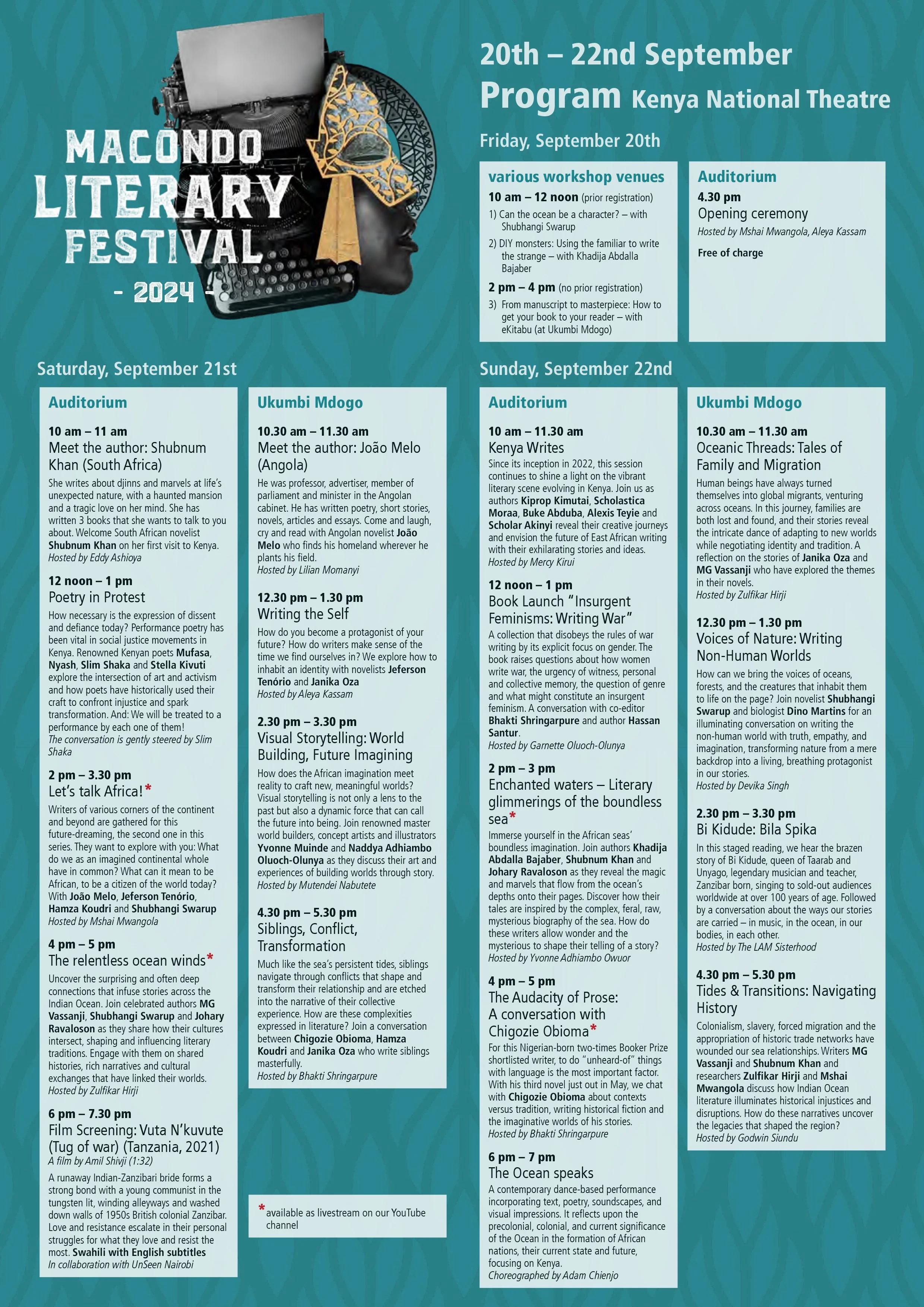 Program schedule for the Macondo Literary Festival 2024, held from September 20th to 22nd at the Kenya National Theatre, featuring workshops, poetry readings, lectures, and performances.