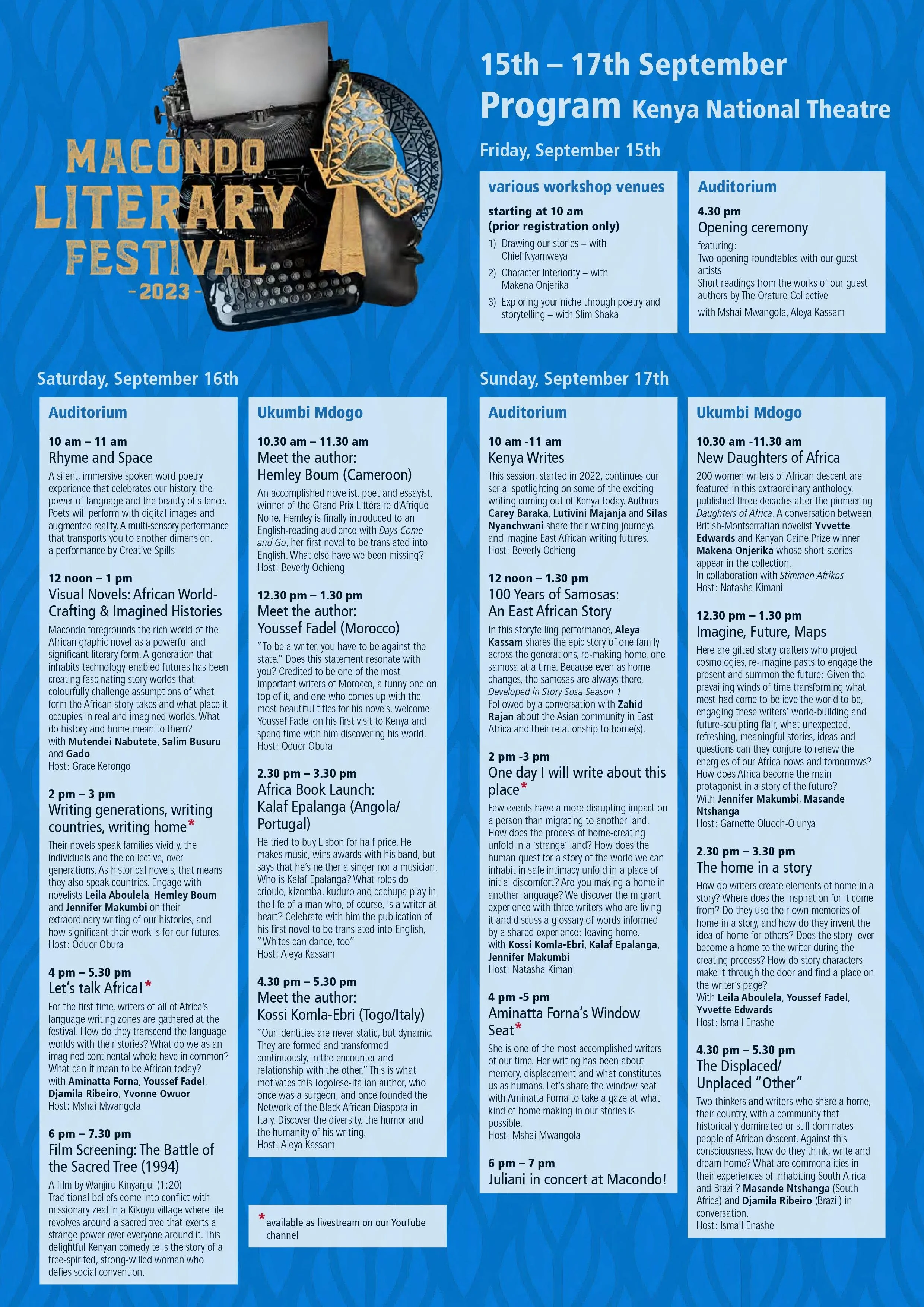 A colorful program poster for the Macondo Literary Festival 2023, held from September 15 to 17 at Kenya National Theatre. The poster features a typewriter with a mask and theater mask design, and details of various events including workshops, film screenings, book launches, and talks scheduled across different venues and times on each day.