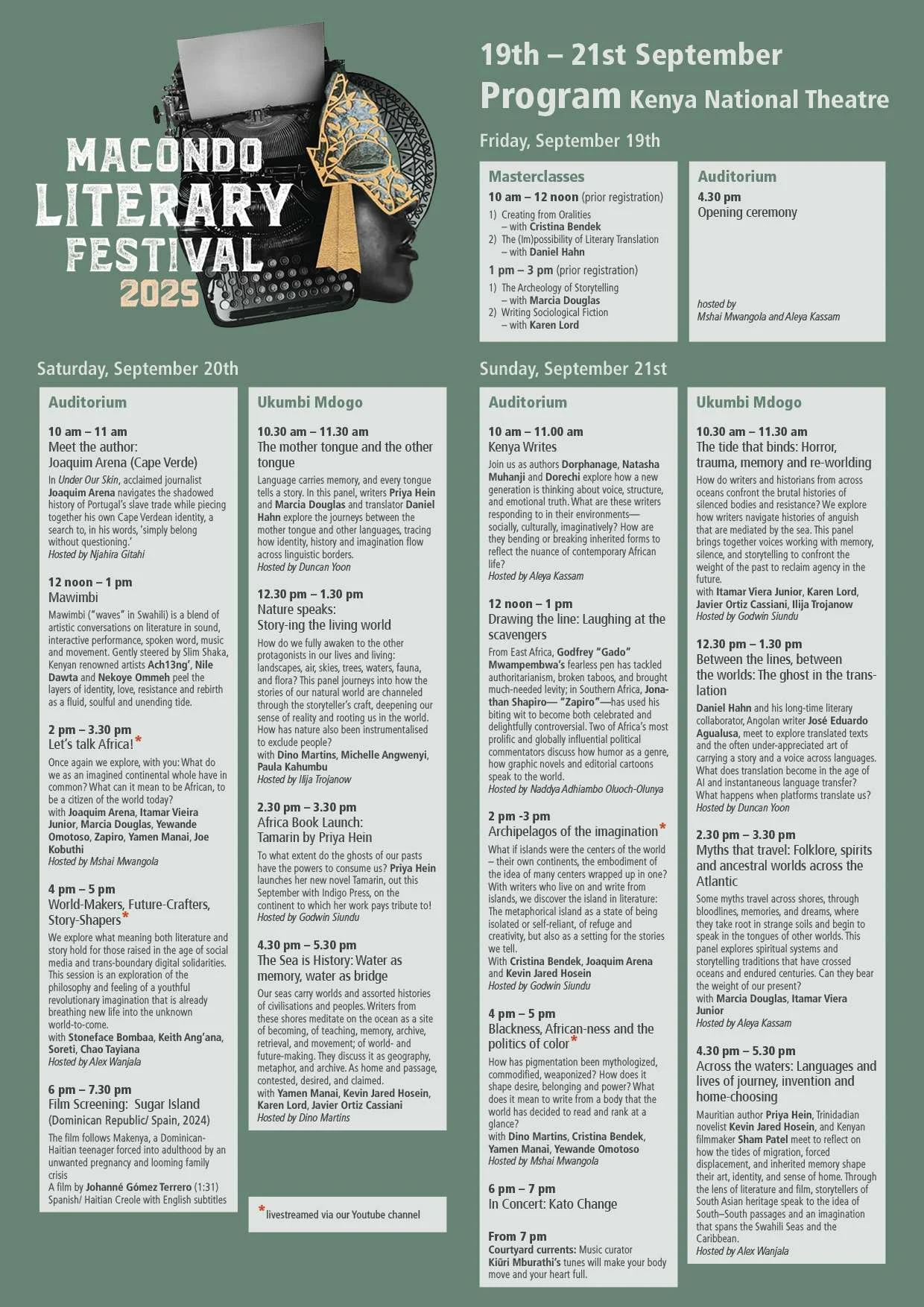 Event schedule poster for the Macondo Literary Festival 2023 at Kenya National Theatre, featuring masterclasses, panel discussions, and a concert from September 19th to 21st, with detailed times and hosts for each event.