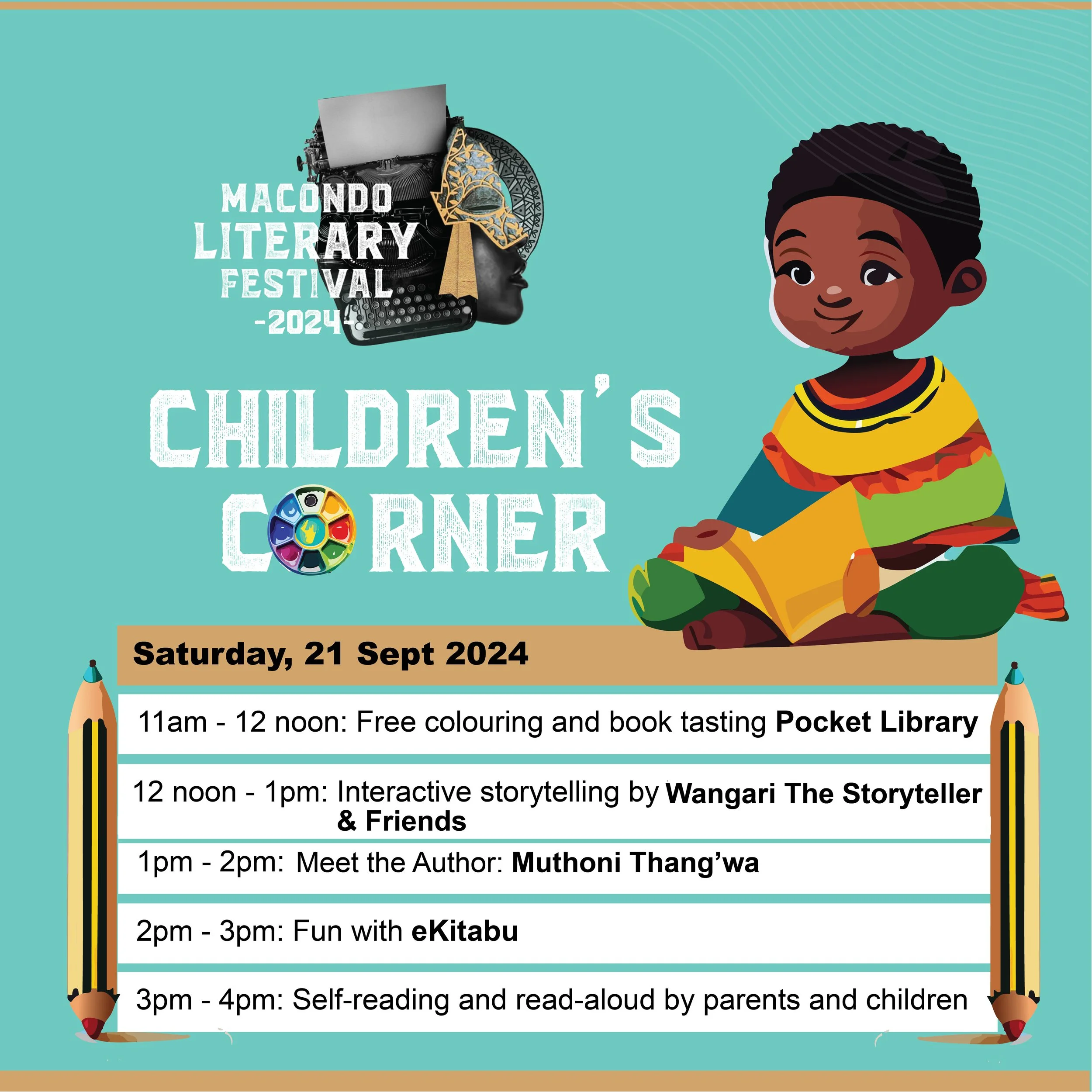 Announcement poster for the 2024 Macondo Literary Festival Children's Corner featuring a young child reading a book, with event details including date and schedule of activities.